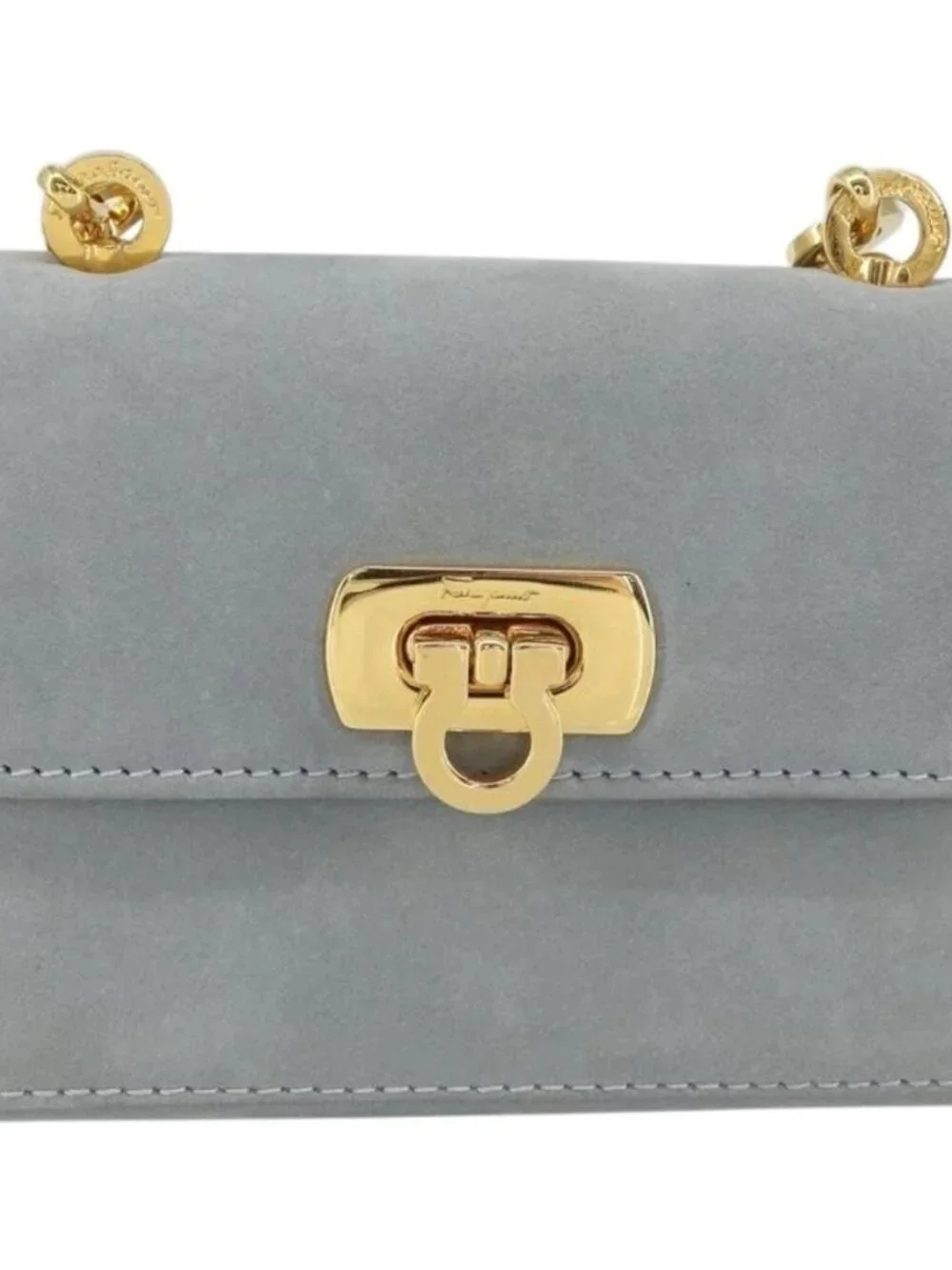 Salvatore Ferragamo Gancini Chain Shoulder Pouch Suede Gray Gold Auth 163100V